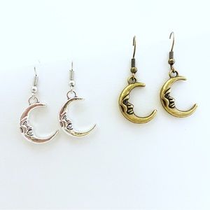Earrings Moon Crescent Man in The Moon 2 Pk Silver and Gold Tone Boho Witchy